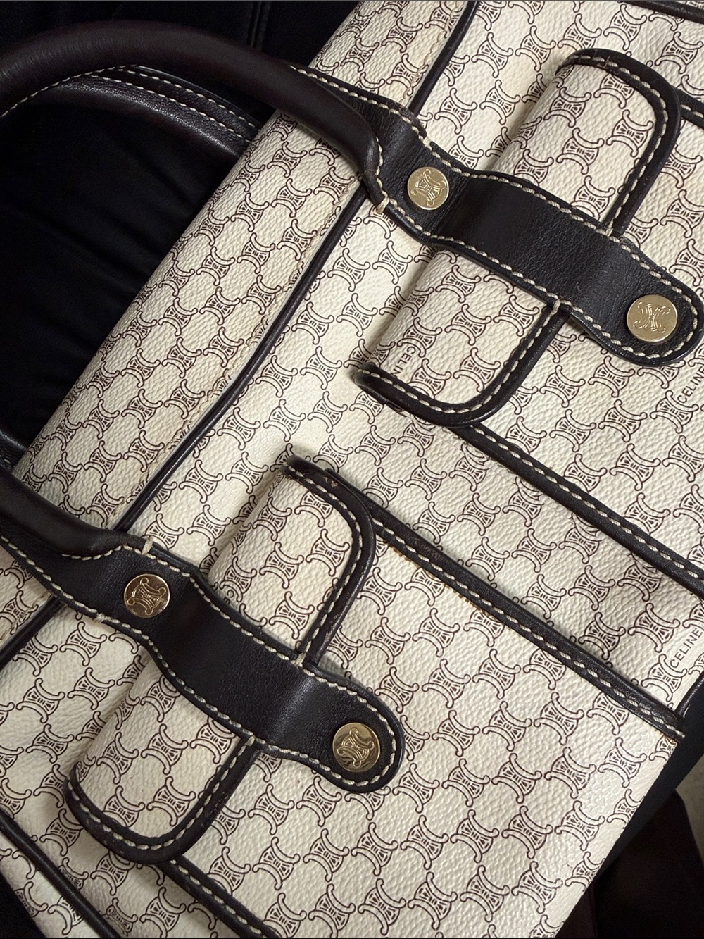 Celine Cream Patterned Satchel with Black Trim